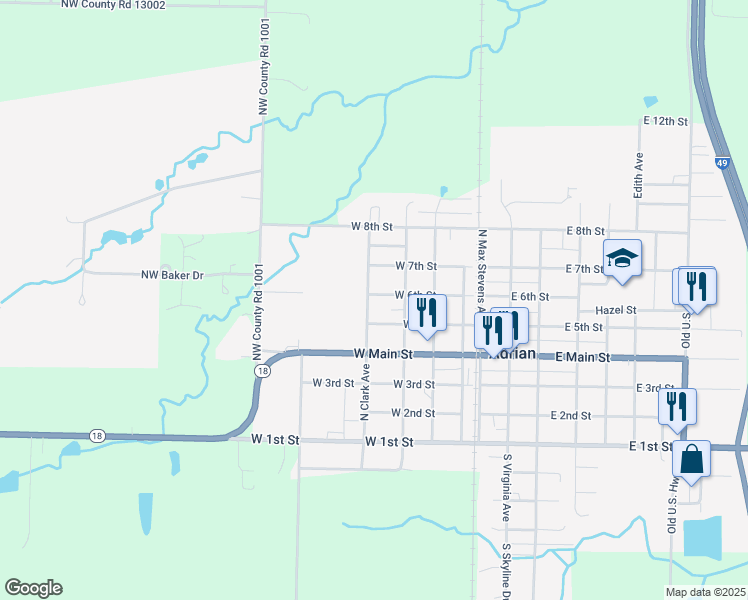 map of restaurants, bars, coffee shops, grocery stores, and more near 603 North Clark Avenue in Adrian