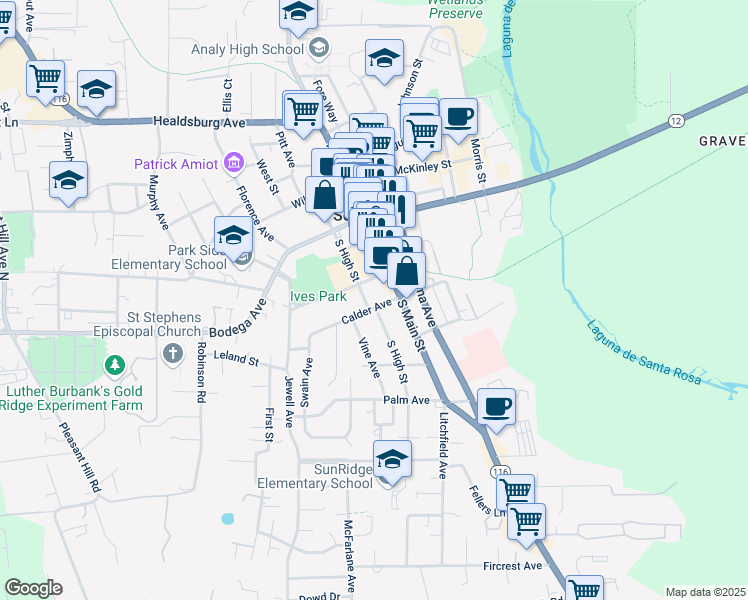 map of restaurants, bars, coffee shops, grocery stores, and more near 7158 Calder Avenue in Sebastopol