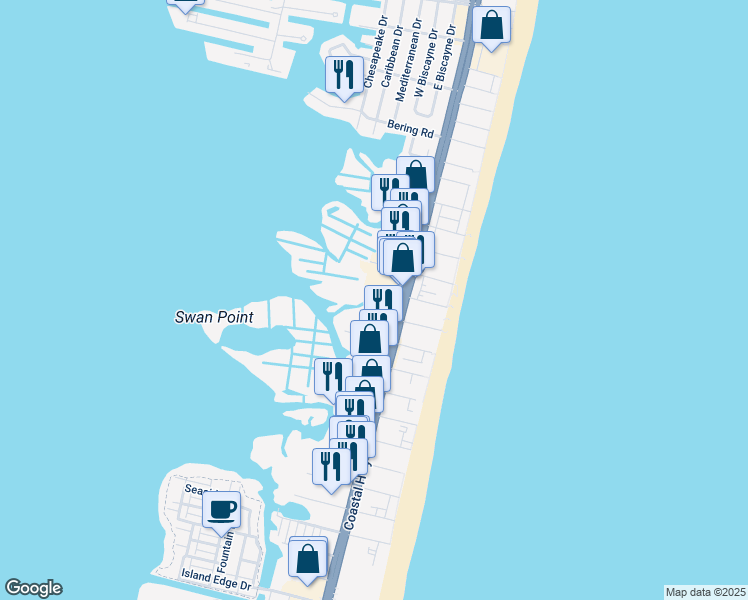map of restaurants, bars, coffee shops, grocery stores, and more near 7901 Coastal Highway in Ocean City