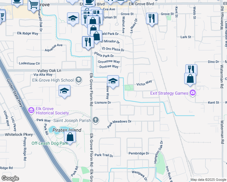 map of restaurants, bars, coffee shops, grocery stores, and more near 9759 Tralee Way in Elk Grove