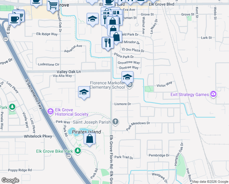 map of restaurants, bars, coffee shops, grocery stores, and more near 8908 Clancys Court in Elk Grove