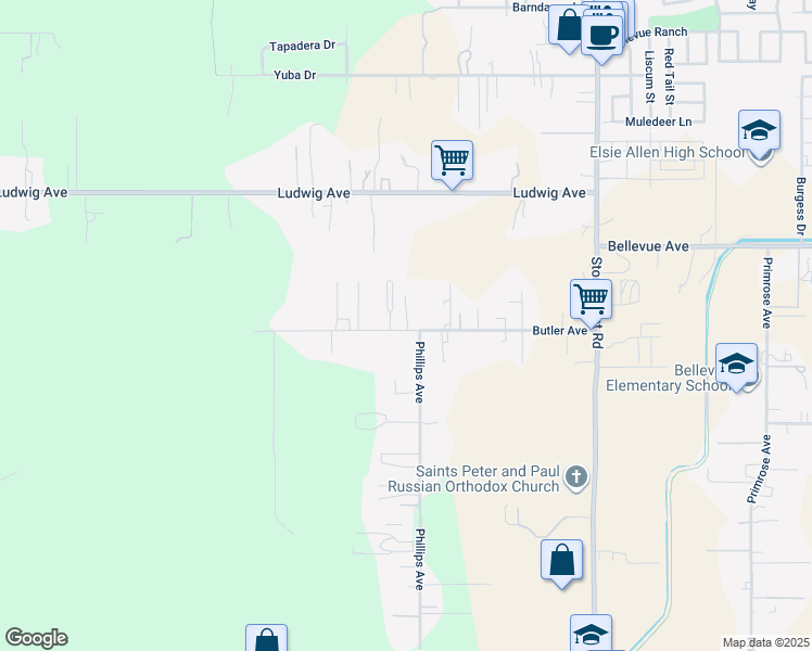 map of restaurants, bars, coffee shops, grocery stores, and more near 1043 Butler Avenue in Santa Rosa