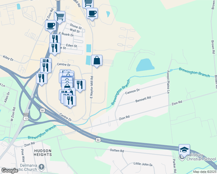 map of restaurants, bars, coffee shops, grocery stores, and more near 115 Overlook Drive in Salisbury