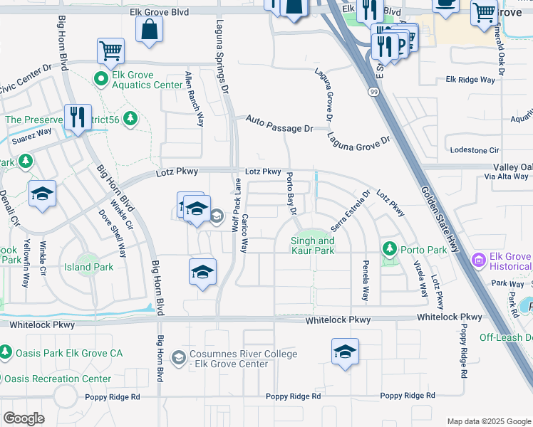 map of restaurants, bars, coffee shops, grocery stores, and more near 8449 Calhay Way in Elk Grove