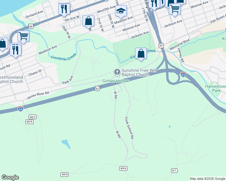 map of restaurants, bars, coffee shops, grocery stores, and more near Interstate 64 in Huntington