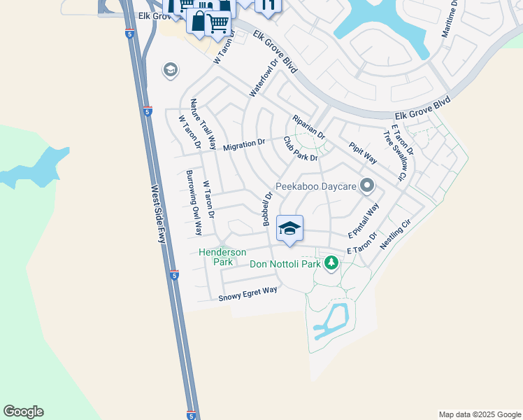 map of restaurants, bars, coffee shops, grocery stores, and more near 2619 Lark Sparrow Way in Elk Grove
