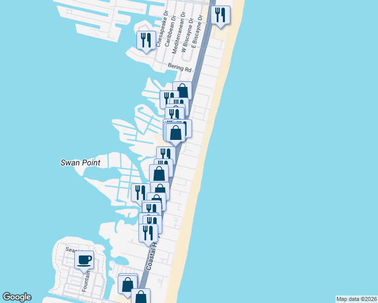 map of restaurants, bars, coffee shops, grocery stores, and more near 2 80th Street in Ocean City