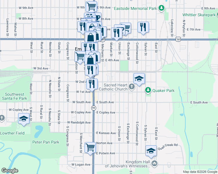map of restaurants, bars, coffee shops, grocery stores, and more near 128 Mechanic St in Emporia