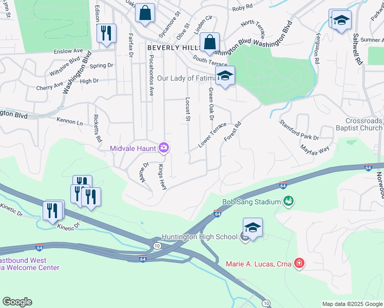 map of restaurants, bars, coffee shops, grocery stores, and more near 348-350 Locust St in Huntington