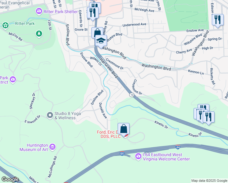 map of restaurants, bars, coffee shops, grocery stores, and more near 101-149 Ferguson Court in Huntington