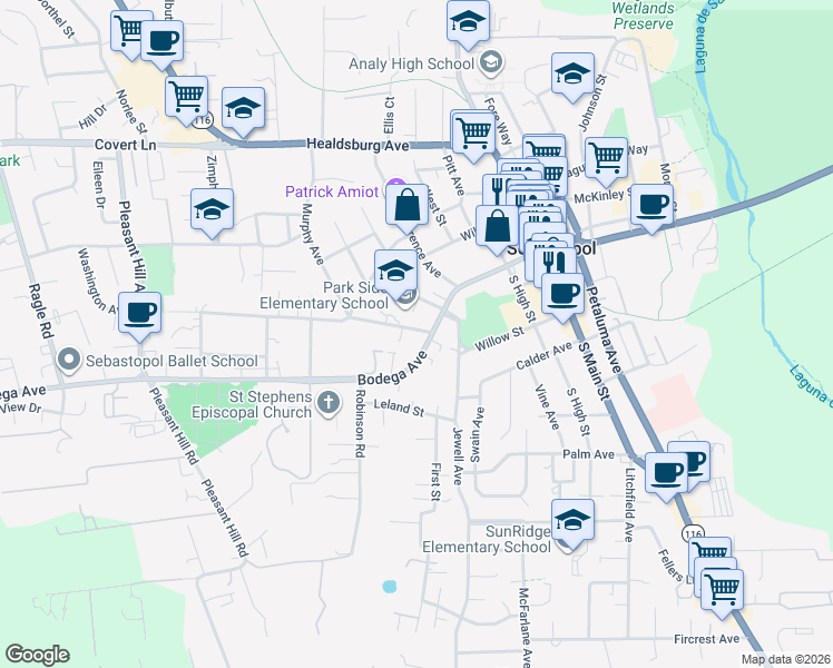 map of restaurants, bars, coffee shops, grocery stores, and more near 7540 Washington Avenue in Sebastopol