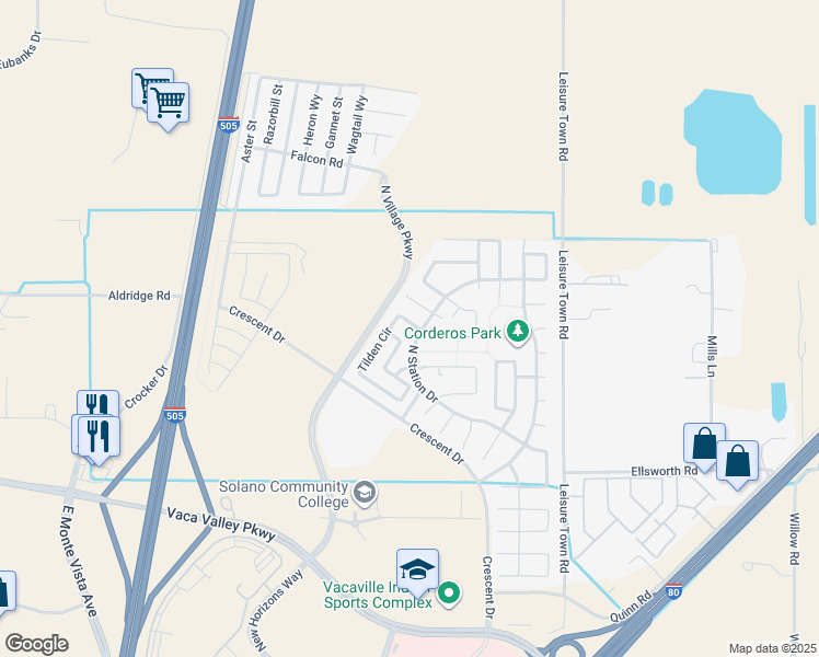 map of restaurants, bars, coffee shops, grocery stores, and more near 307 Tilden Circle in Vacaville