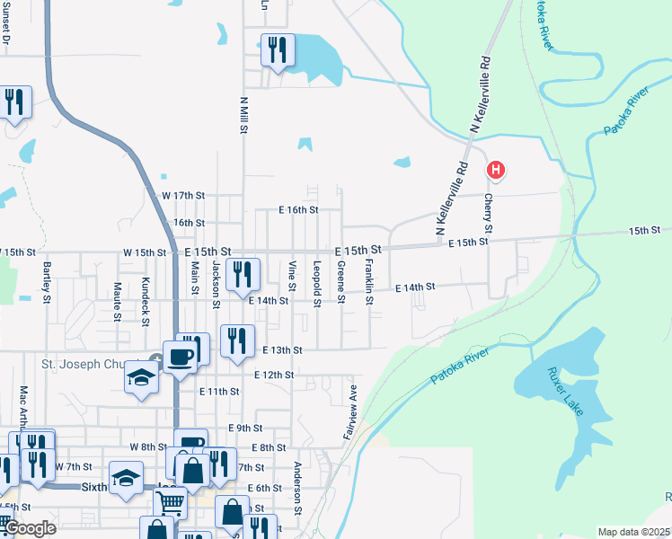 map of restaurants, bars, coffee shops, grocery stores, and more near 705 East 15th Street in Jasper