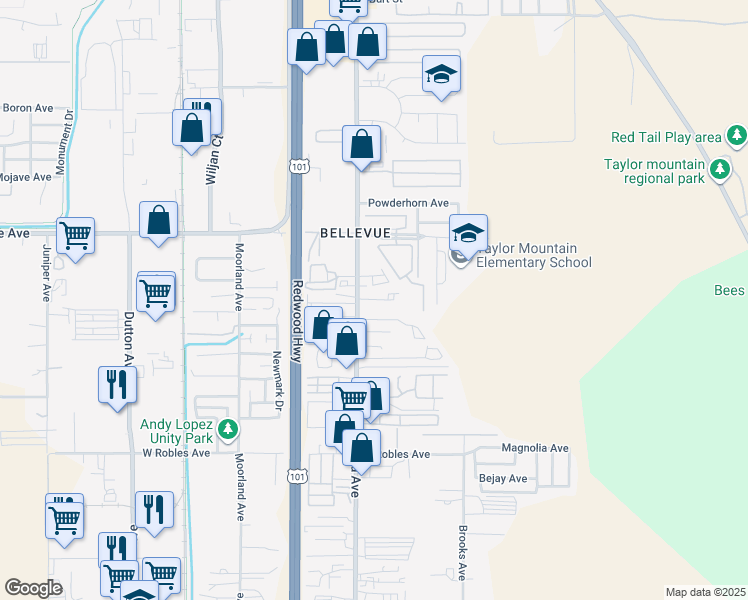 map of restaurants, bars, coffee shops, grocery stores, and more near 3155 Santa Rosa Avenue in Santa Rosa