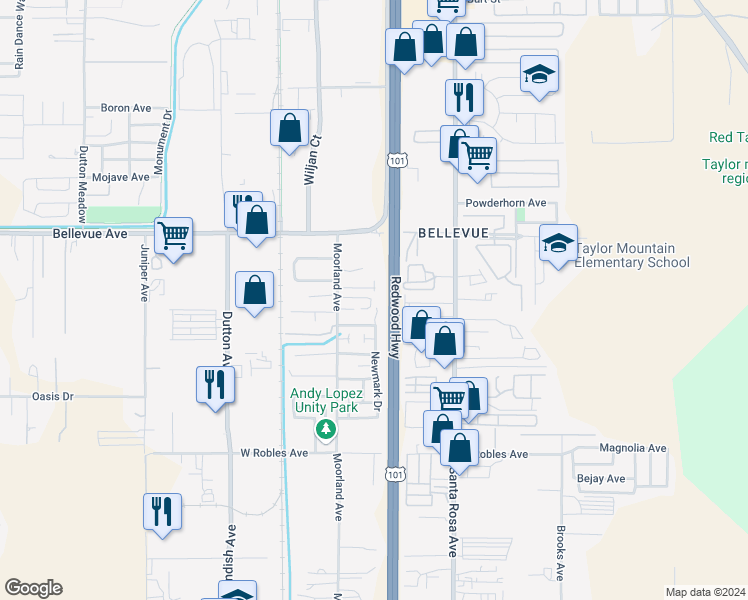 map of restaurants, bars, coffee shops, grocery stores, and more near 3204 Moorland Avenue in Santa Rosa