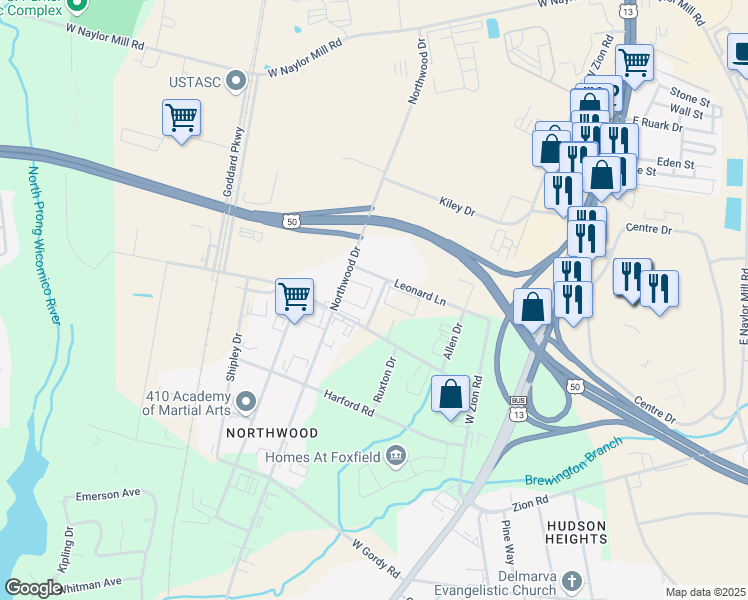 map of restaurants, bars, coffee shops, grocery stores, and more near 2207 Northwood Drive in Salisbury