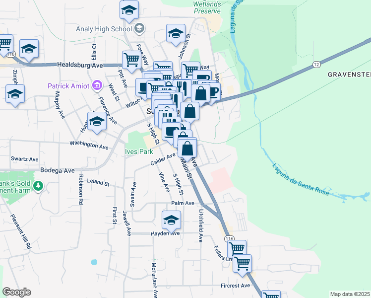 map of restaurants, bars, coffee shops, grocery stores, and more near 6960 Fannen Avenue in Sebastopol
