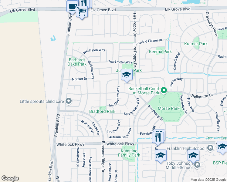 map of restaurants, bars, coffee shops, grocery stores, and more near 5205 Blossom Ranch Drive in Elk Grove