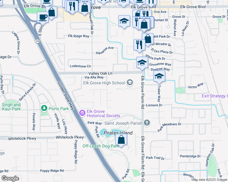 map of restaurants, bars, coffee shops, grocery stores, and more near 9800 Elk Grove Florin Road in Elk Grove