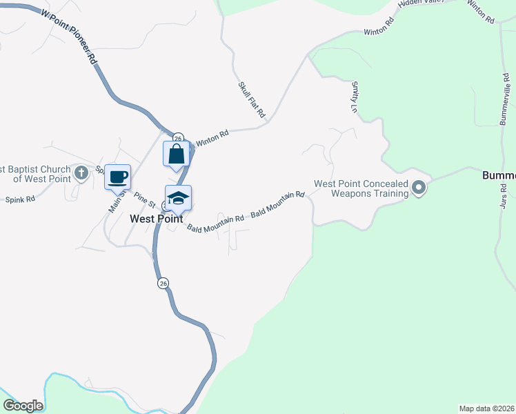 map of restaurants, bars, coffee shops, grocery stores, and more near 301 Bald Mountain Road in West Point