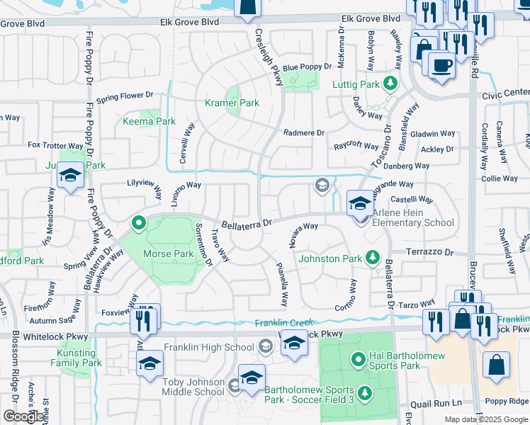 map of restaurants, bars, coffee shops, grocery stores, and more near 6321 Pallazzo Way in Elk Grove