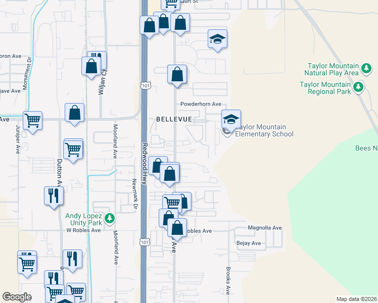 map of restaurants, bars, coffee shops, grocery stores, and more near 3164 Santa Rosa Avenue in Santa Rosa