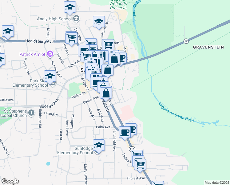 map of restaurants, bars, coffee shops, grocery stores, and more near 327 Petaluma Avenue in Sebastopol
