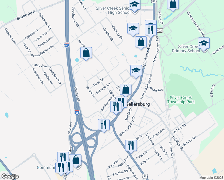 map of restaurants, bars, coffee shops, grocery stores, and more near 305 West Utica Street in Sellersburg