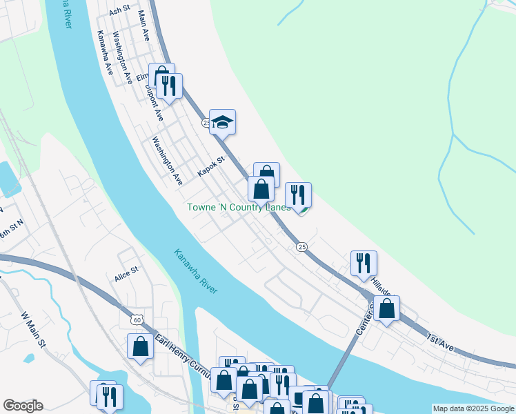 map of restaurants, bars, coffee shops, grocery stores, and more near 598 Walker Street in Nitro