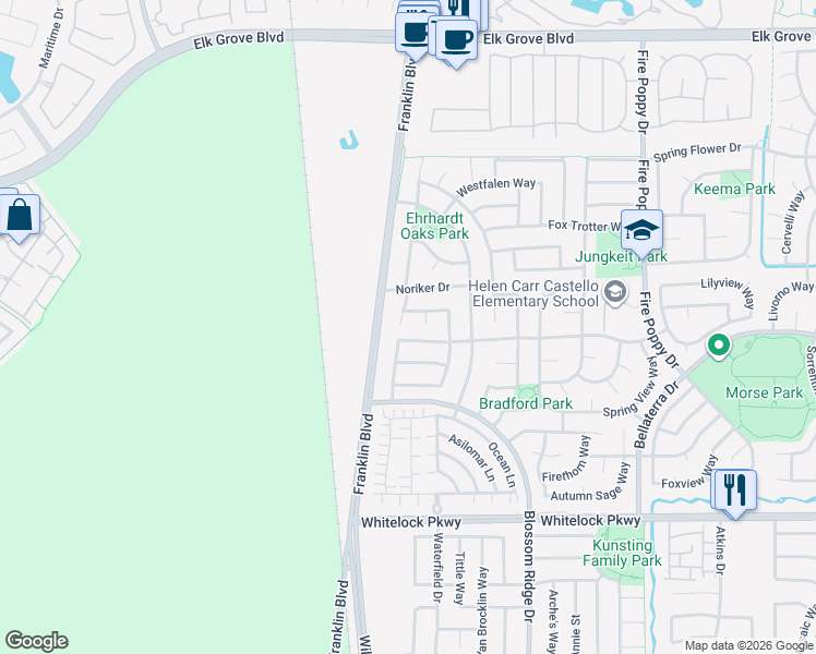 map of restaurants, bars, coffee shops, grocery stores, and more near 9812 Dartmoor Way in Elk Grove