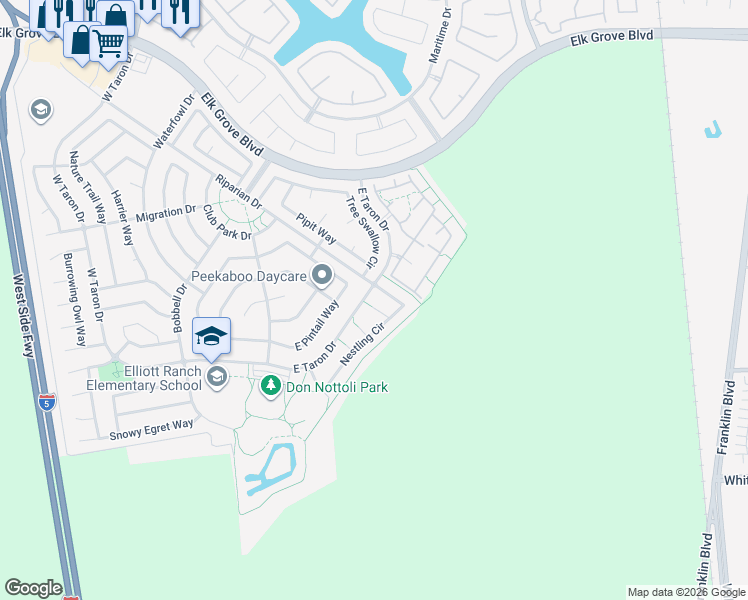 map of restaurants, bars, coffee shops, grocery stores, and more near 3213 Aurelia Court in Elk Grove