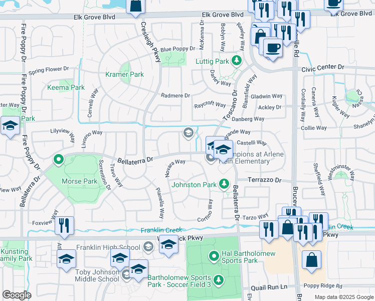 map of restaurants, bars, coffee shops, grocery stores, and more near 9831 Brinzino Court in Elk Grove