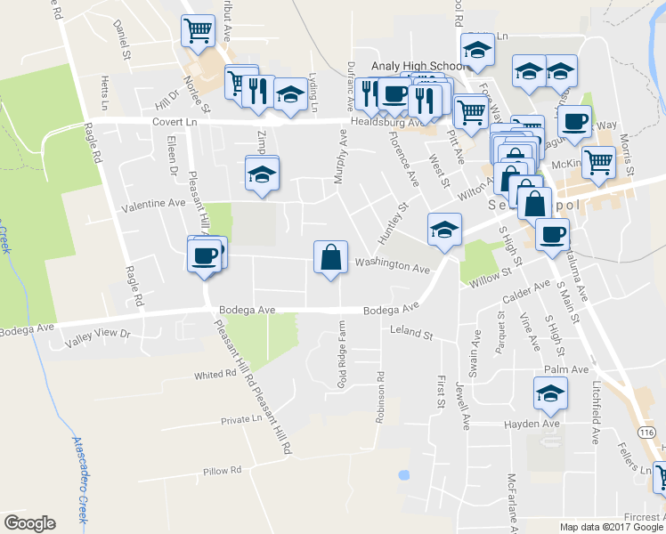 map of restaurants, bars, coffee shops, grocery stores, and more near 7801 Washington Avenue in Sebastopol