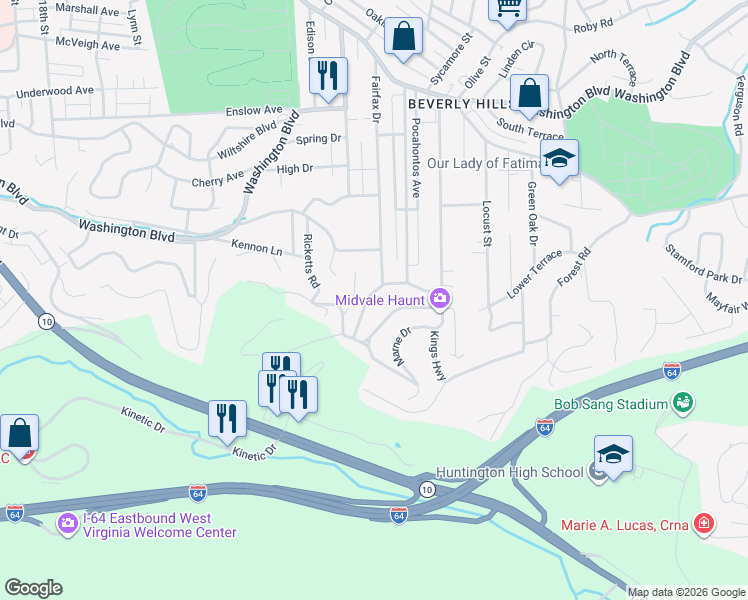 map of restaurants, bars, coffee shops, grocery stores, and more near 44 Roland Park Dr in Huntington