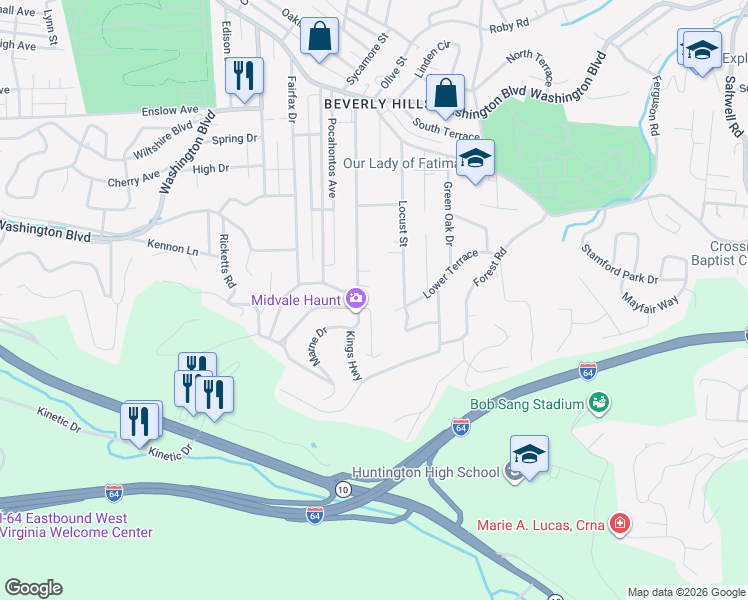 map of restaurants, bars, coffee shops, grocery stores, and more near 8 South Queens Court in Huntington