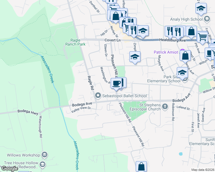 map of restaurants, bars, coffee shops, grocery stores, and more near 272 Washington Court in Sebastopol