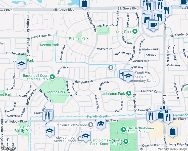 map of restaurants, bars, coffee shops, grocery stores, and more near 6321 Pallazzo Way in Elk Grove