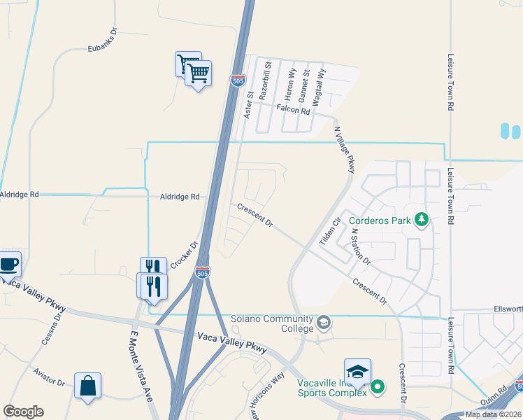 map of restaurants, bars, coffee shops, grocery stores, and more near Epic Street in Vacaville