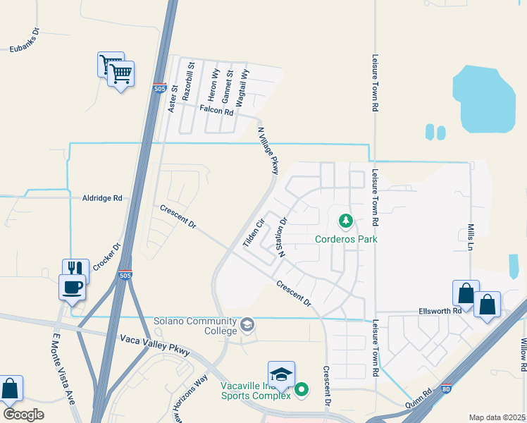 map of restaurants, bars, coffee shops, grocery stores, and more near 342 Tilden Circle in Vacaville