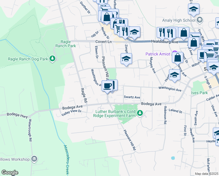 map of restaurants, bars, coffee shops, grocery stores, and more near 285 Pleasant Hill Avenue North in Sebastopol