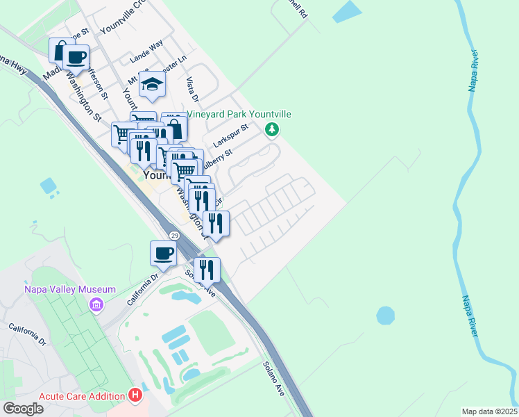 map of restaurants, bars, coffee shops, grocery stores, and more near 83 San Fernando Street in Yountville