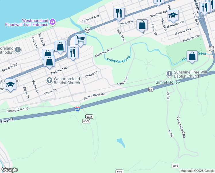 map of restaurants, bars, coffee shops, grocery stores, and more near 2801 Park Avenue in Huntington