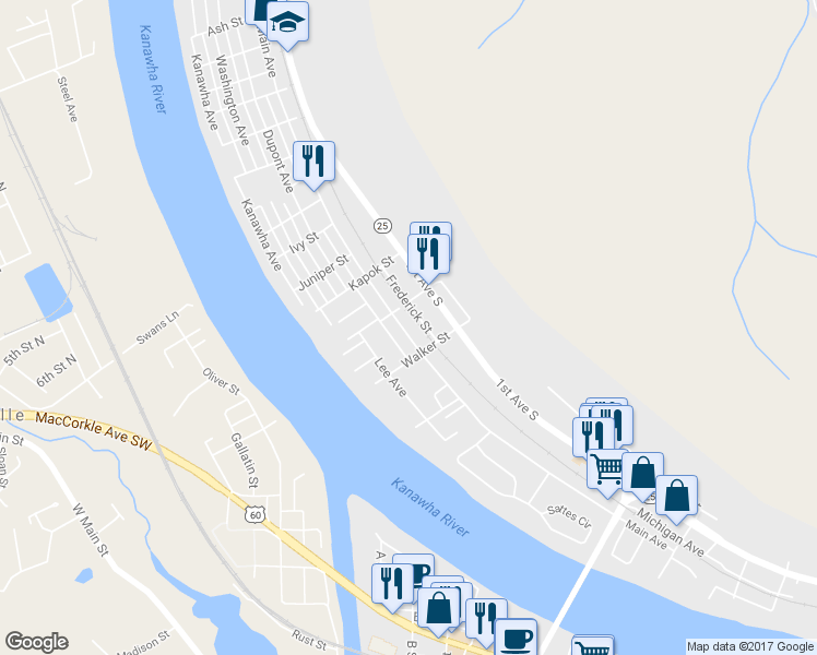 map of restaurants, bars, coffee shops, grocery stores, and more near 1131 Main Ave in Nitro