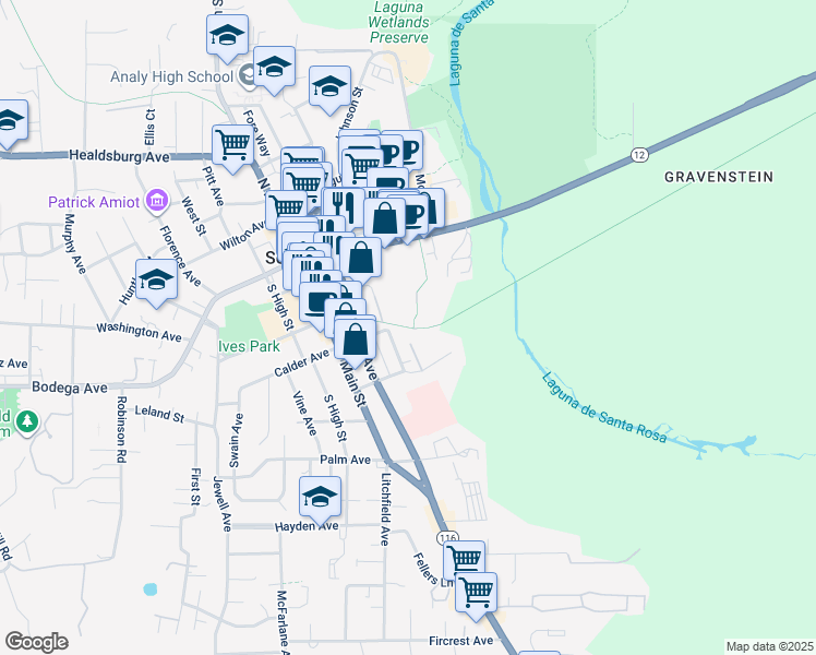 map of restaurants, bars, coffee shops, grocery stores, and more near in Sebastopol