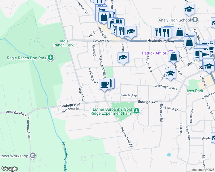 map of restaurants, bars, coffee shops, grocery stores, and more near 285 Pleasant Hill Avenue North in Sebastopol