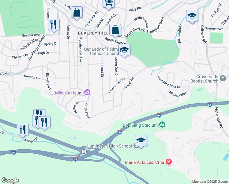 map of restaurants, bars, coffee shops, grocery stores, and more near 404 Green Oak Drive in Huntington