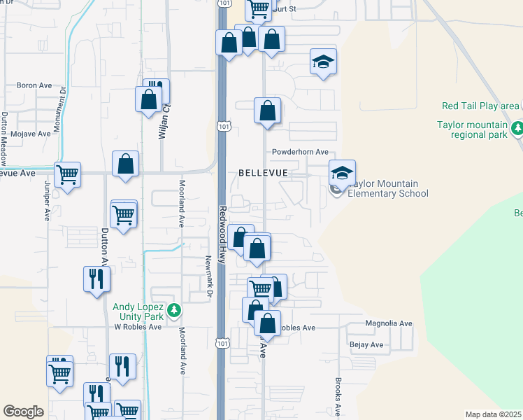 map of restaurants, bars, coffee shops, grocery stores, and more near 3155 Santa Rosa Avenue in Santa Rosa