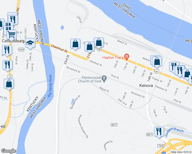 map of restaurants, bars, coffee shops, grocery stores, and more near 1915 Sycamore Street in Kenova