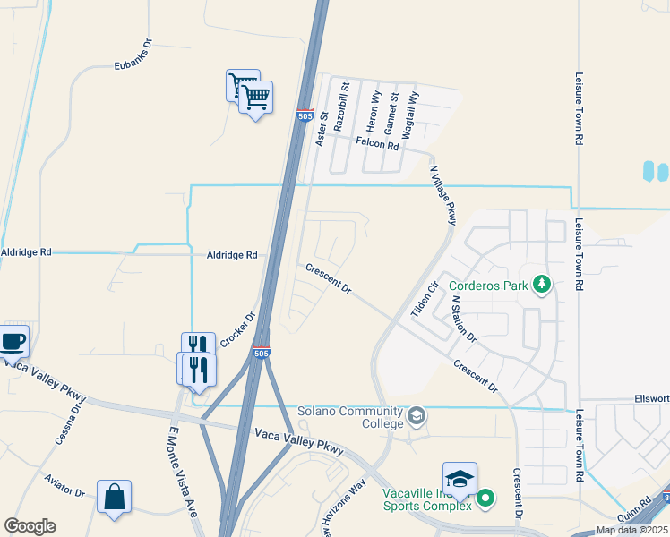 map of restaurants, bars, coffee shops, grocery stores, and more near 601 Guild Road in Vacaville
