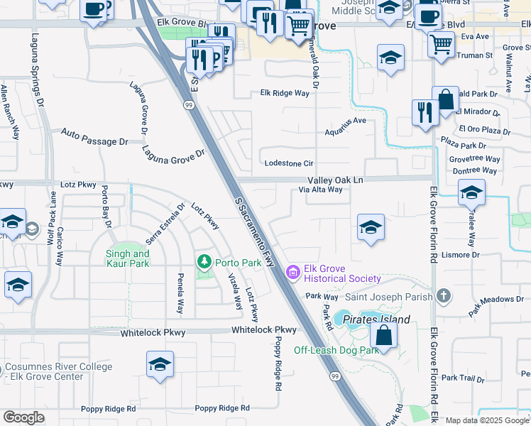 map of restaurants, bars, coffee shops, grocery stores, and more near 9837 Corte Dorado Court in Elk Grove